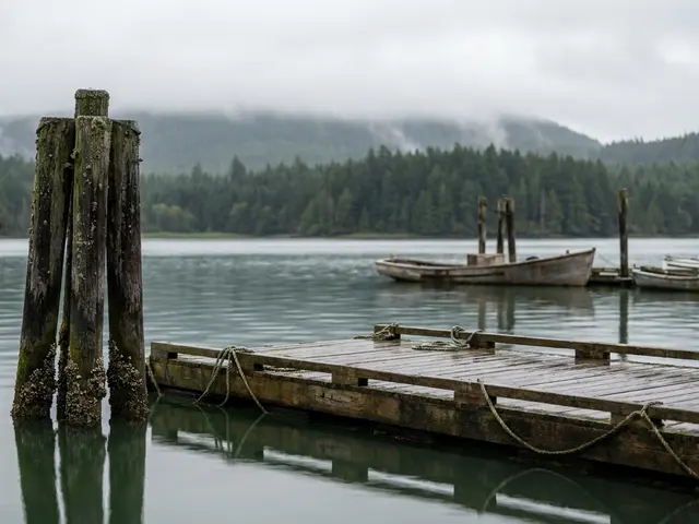 Wooden pilings and a floating dock in a calm harbour
