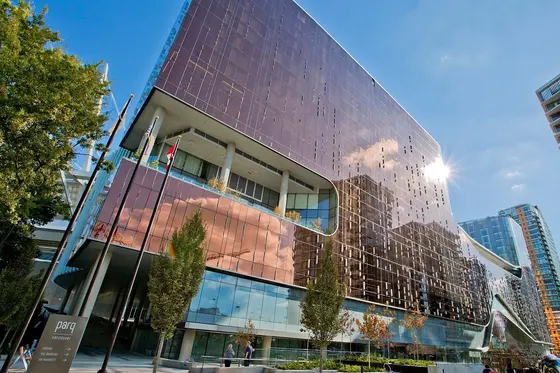 Parq Vancouver copper glass tower from the forecourt