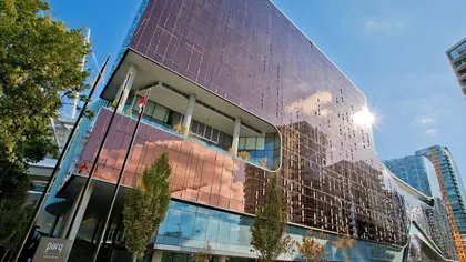 Parq Vancouver copper glass tower from the forecourt